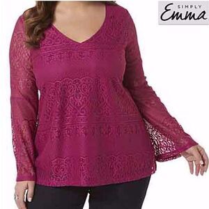 NWT Simply Emma 3X Plus Magenta Crochet Lined Mesh Lace Tunic long Sleeve XXL